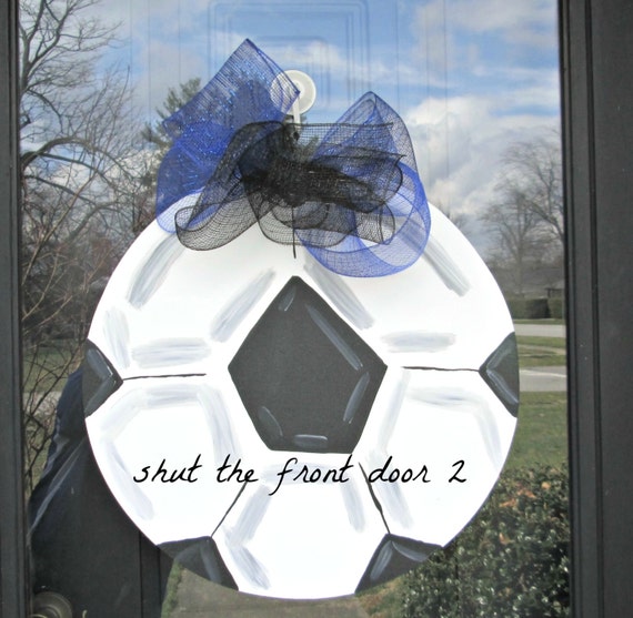 Items similar to Wooden soccer ball door hanger, soccer ball wreath on Etsy