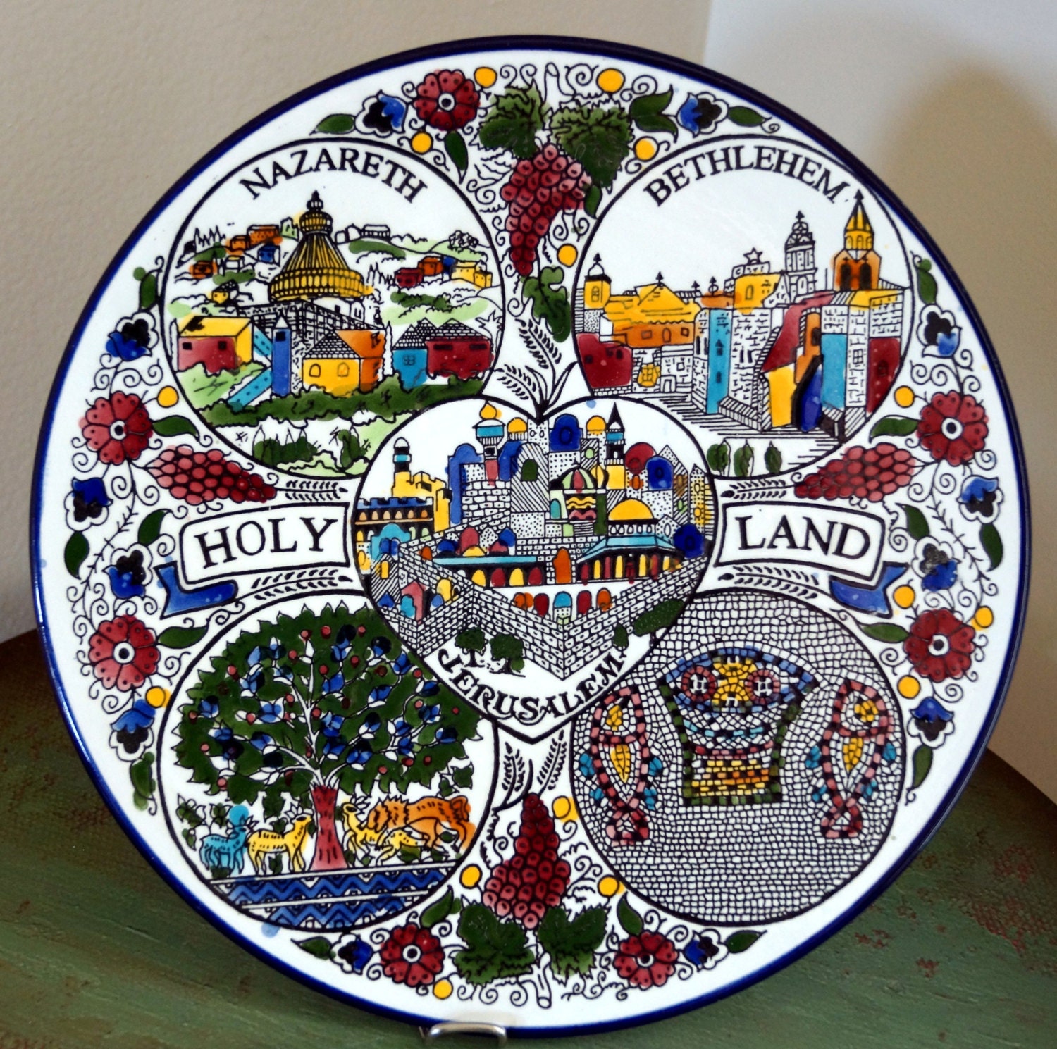 Holy Land Large Ceramic Plate Jerusalem Hand Painted Folk Art