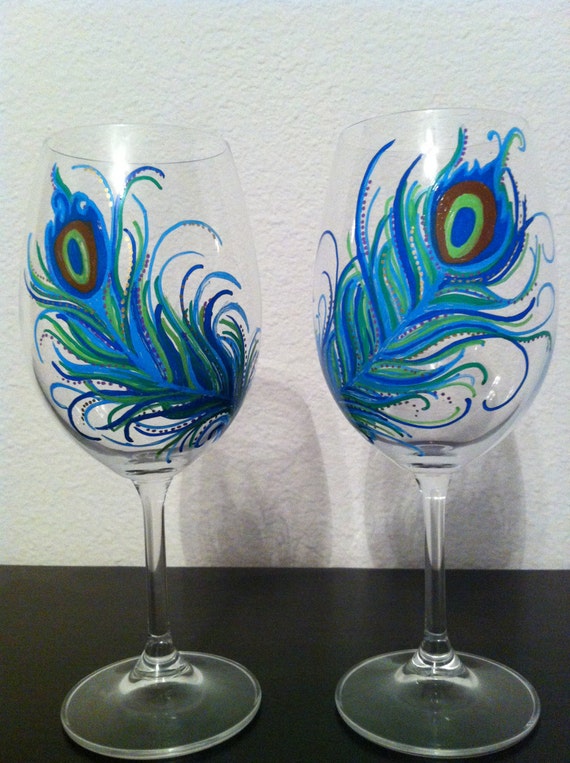 Hand Painted Peacock Feather Wine Glasses Set of 2