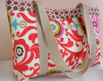 library beach fabric tote bag carry all mod print matching key fob red ...