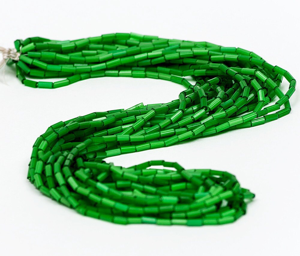 Hank Green Satin Bugle 2 / 4 mm Tube Beads Czech Glass