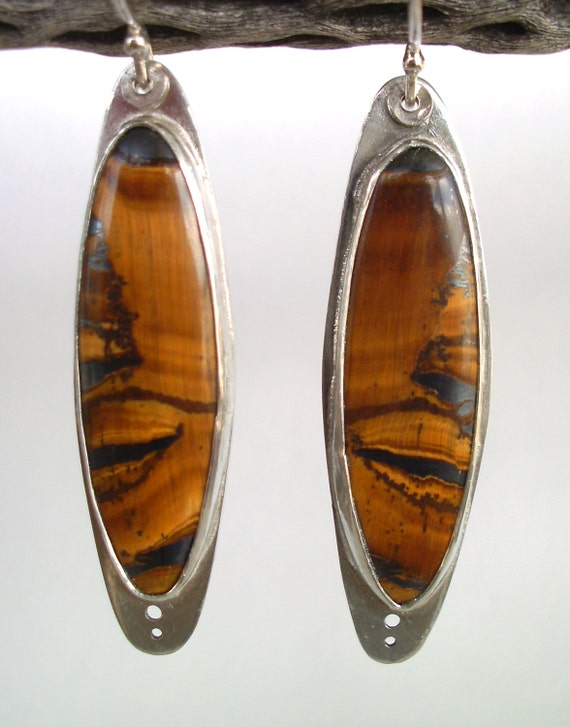 Earrings - Sterling Silver - Tiger's Eye - Bezel Set - Silversmith - RMD Designs