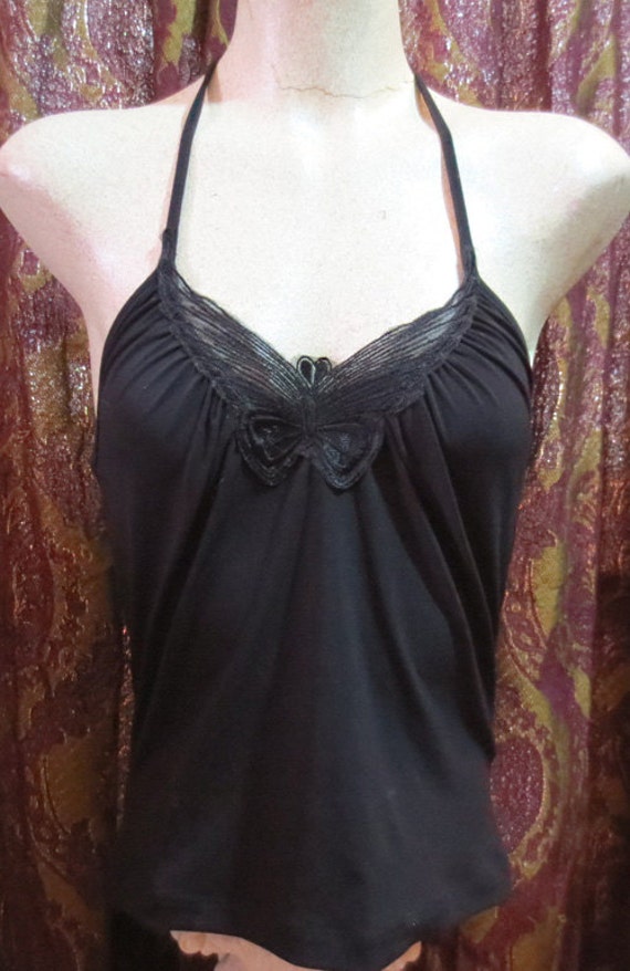 Vintage Black Strapless Halter Top Butterfly by theblackcatcloset