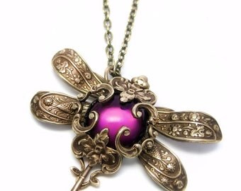 Victorian Dragonfly necklace, purple pendant necklace, dragonfly pendant, Statement necklace, Filigree Jewelry, gift idea