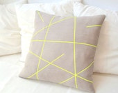 Beige linen pillow cover with neon yellow stripes Mikado Series