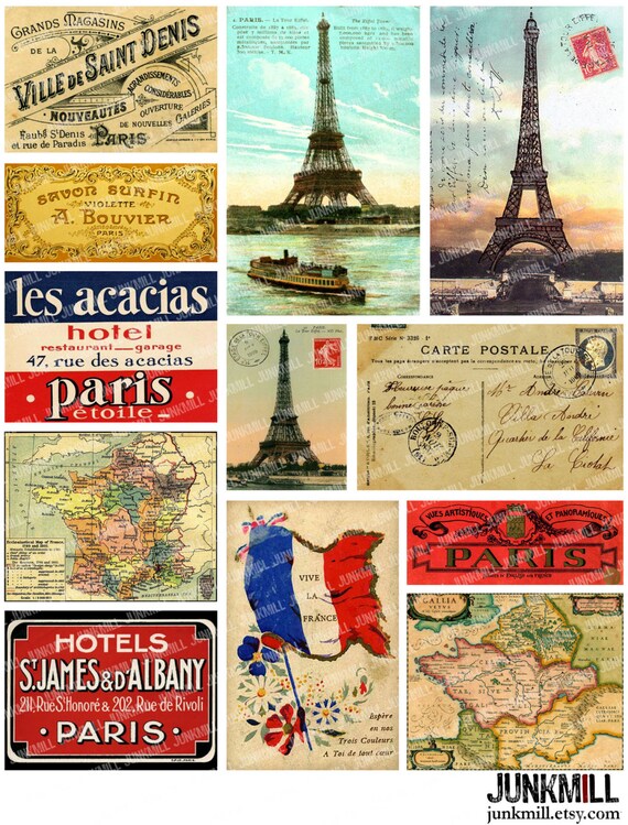 TRAVEL FRANCE Digital Printable Collage Sheet Vintage