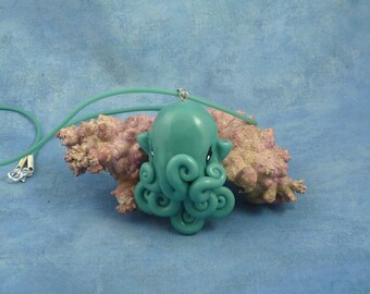 Tropical Sea Octopus Necklace, Aqua Blue Polymer Clay Cephalopod Jewelry
