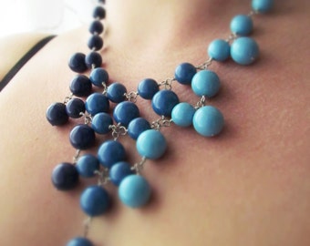 OMBRÉ OCEAN-Varied Blue Swarovski Crystal Pearl Bib Style Necklace