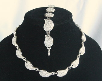 Silver Leaf Choker Bracelet Set Vintage Textured Repousse Adjustable Collar Necklace