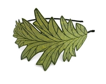 Oak Leaf Headband- Peridot Green with Dark Sage Embroidery