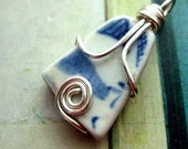 Irish Sea Pottery Pendant or Charm. Wire Wrapped Sea Porcelain. Ocean Blue