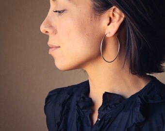 Large silver hoop earrings with a modern satin finish, a classic large hoop, elegant jewelry staple for women - "Hammered Tail Hoops"