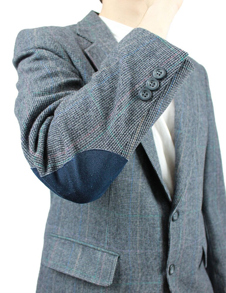 Elbow Patch Tweed Blazer 38S Vintage Slate Blue Wool