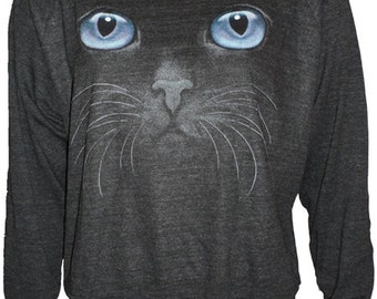 Blue CAT Eyes Black Cat Face Pullover Slouchy "Sweatshirt" Top American Apparel s, m, or L