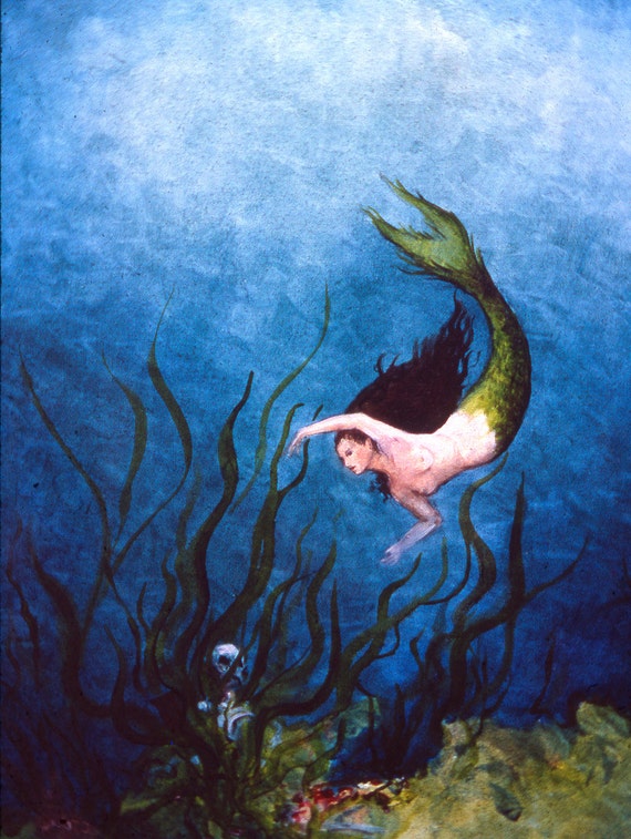 Mermaid painting Oil Painting skeleton and mermaid 5 x 7