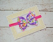 Lavender Purple Bow with Pink, Turquoise, Orange Polka Dots and Stripes, Layered Hairbow Headband Il_170x135