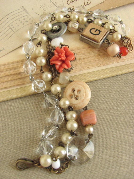 Shabby Chic Layered Assemblage Bracelet With Vintage Pearls