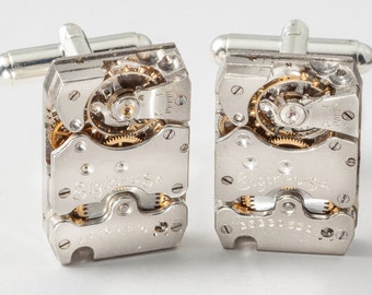 Silver Watch Cuff Links, Steampunk Cufflinks with Vintage Elgin Movements ideal Wedding or Anniversary Gift Grooms Formal Wear Mens Jewelry