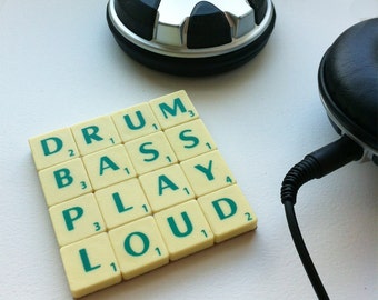 Drum Bass Coaster, Upcycled Scrabble Tiles, Geeky Music Quotes, Cork Backing, Desk Accessories