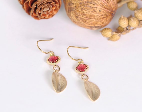 Ruby Earrings : Summer Leaf earrings, Dangle Earrings, Gold Plated ...