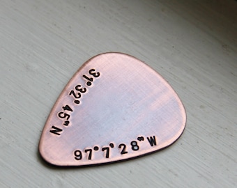 Coordinates - Custom Guitar Pick in Copper - Perfect Gift for Anniversary, Wedding