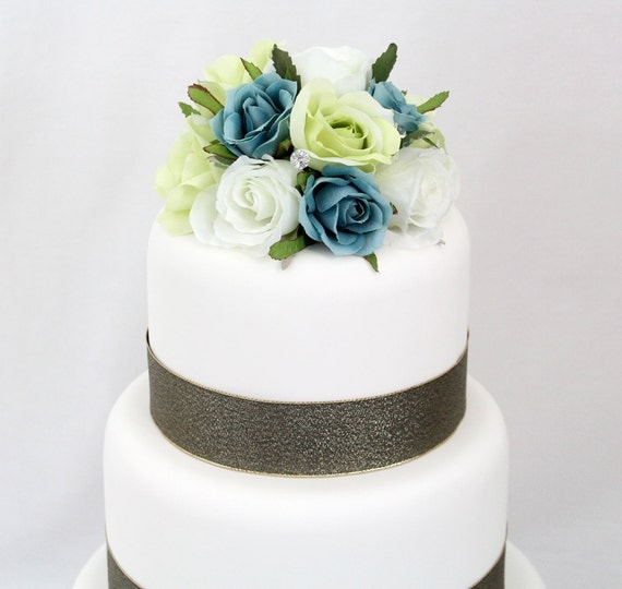  Wedding  Cake  Topper  White Green Aqua Rose  Silk Flower Cake 