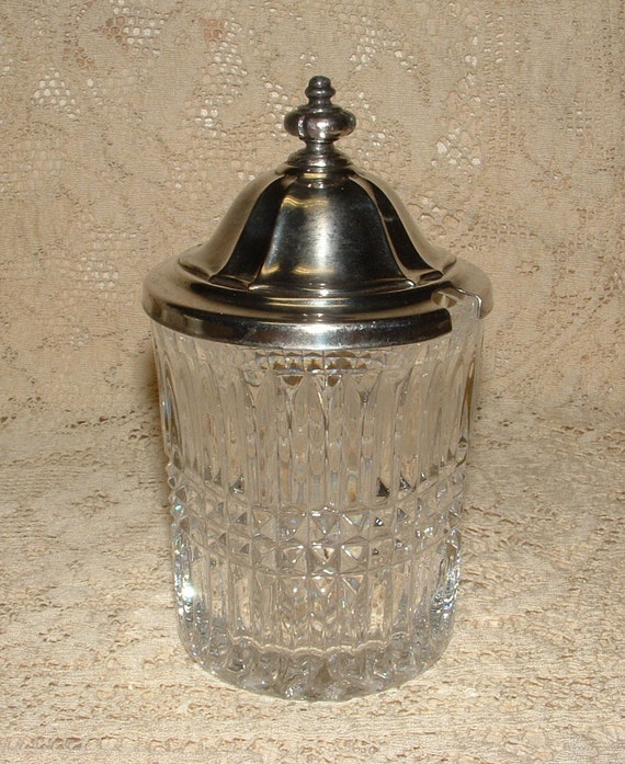 Items similar to Vintage Crystal Jelly, Jam, Condiment Jar with Silver