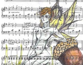LIMITED TIME SALE- Pixie Fairy Original Illustration on Vintage Music Paper , Framed- "Hearts and Flowers"