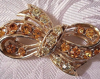 Orange Green Bow Ribbon Pin Brooch Gold Tone Vintage Rhinestone Large Round Ribbed