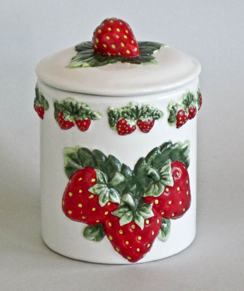 Vintage Ceramic Kitchen Canister Raised Strawberry Pattern