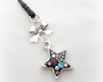 Black crystal star phone dust plug charm, earphone jack charm for iPhone Smartphone