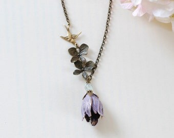 Graduation Gift, Tulip Necklace, Purple Violet Brass Tulip Flower Orchid Necklace, Brass Swallow Bird Necklace, Gift for mom, gift for her