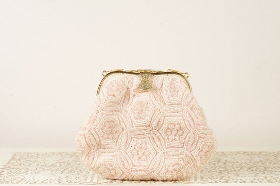 Vintage Blush Colored Purse - Pink Evening Bag Clutch - Beaded Purse