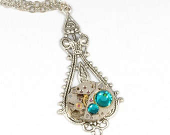 DECEMBER Steampunk Necklace, BLUE ZIRCON Steam Punk Necklace, Vintage Watch Silver Wedding Victorian Steampunk Jewelry VictorianCuriosities