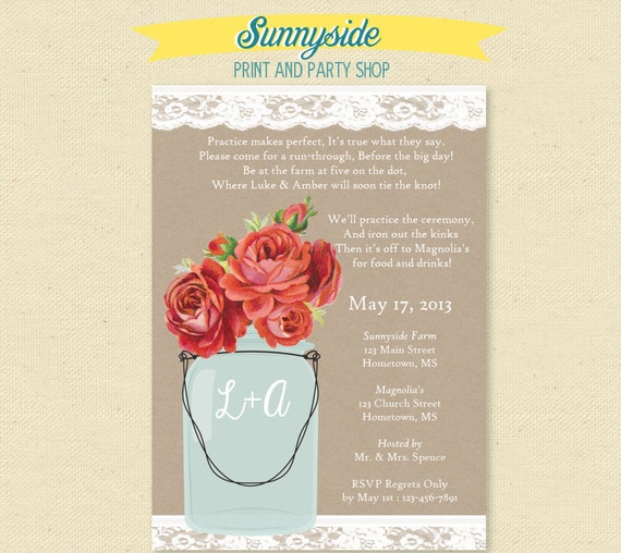 Lace Mason Jar - Vintage Rose Floral Rehearsal / Shower Invite - Printable Il_570xn