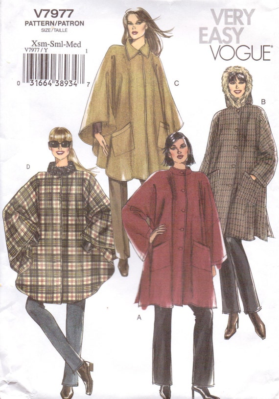 Very Easy Vogue Pattern V7977 Womens Cape Size 4 to 14 Bust 29