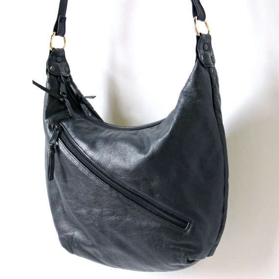 80s Navy Leather Hobo Bag Blue boho crescent by factoryhandbook