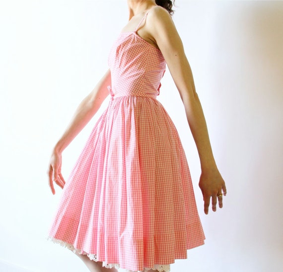Items similar to 60s Lanz Party Dress, Pink & White Gingham Check ...