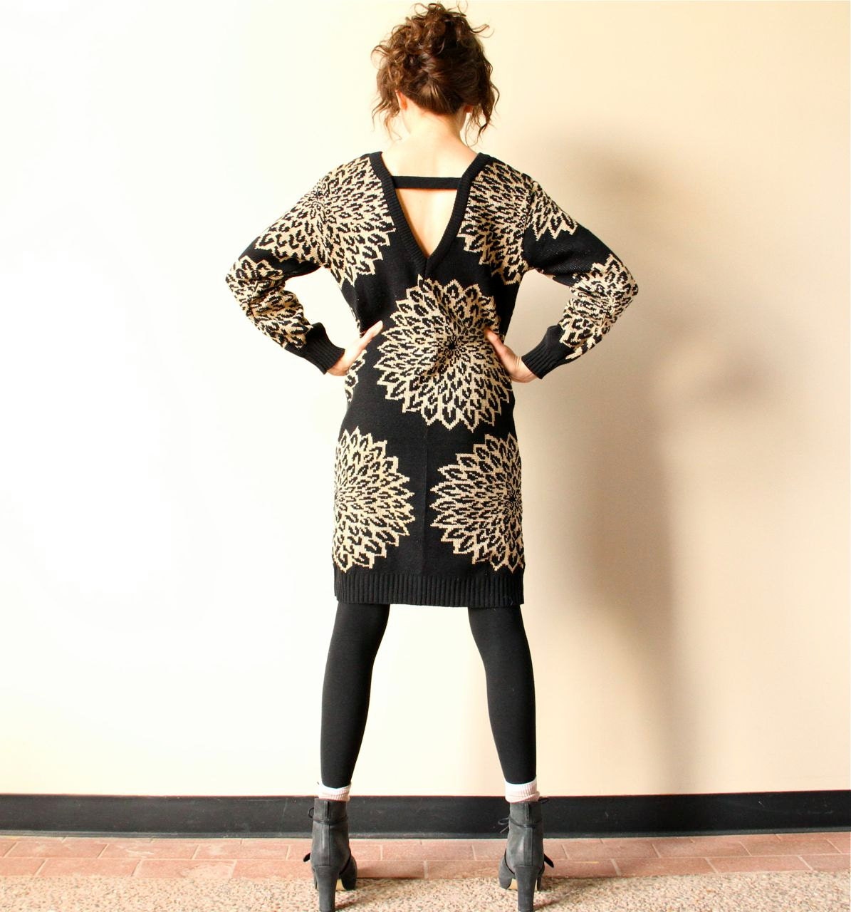 80s Sweater Dress black & gold floral knit by factoryhandbook