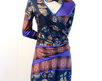 Purple dress, printed dress, jersey dress, MaD MeN,retro 40s dress, 50s, v-neck dress,knee length, BRIDESMAID, detachable COLLAR,loose skirt