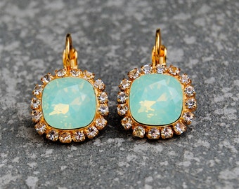 Mint Pacific Opal Rhinestone Earrings Leverback Swarovski Crystal ...