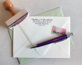 Custom return address stamp, calligraphy address stamp, address stamp SIMPLE SCRIPT with wood handle -wedding address stamp in script