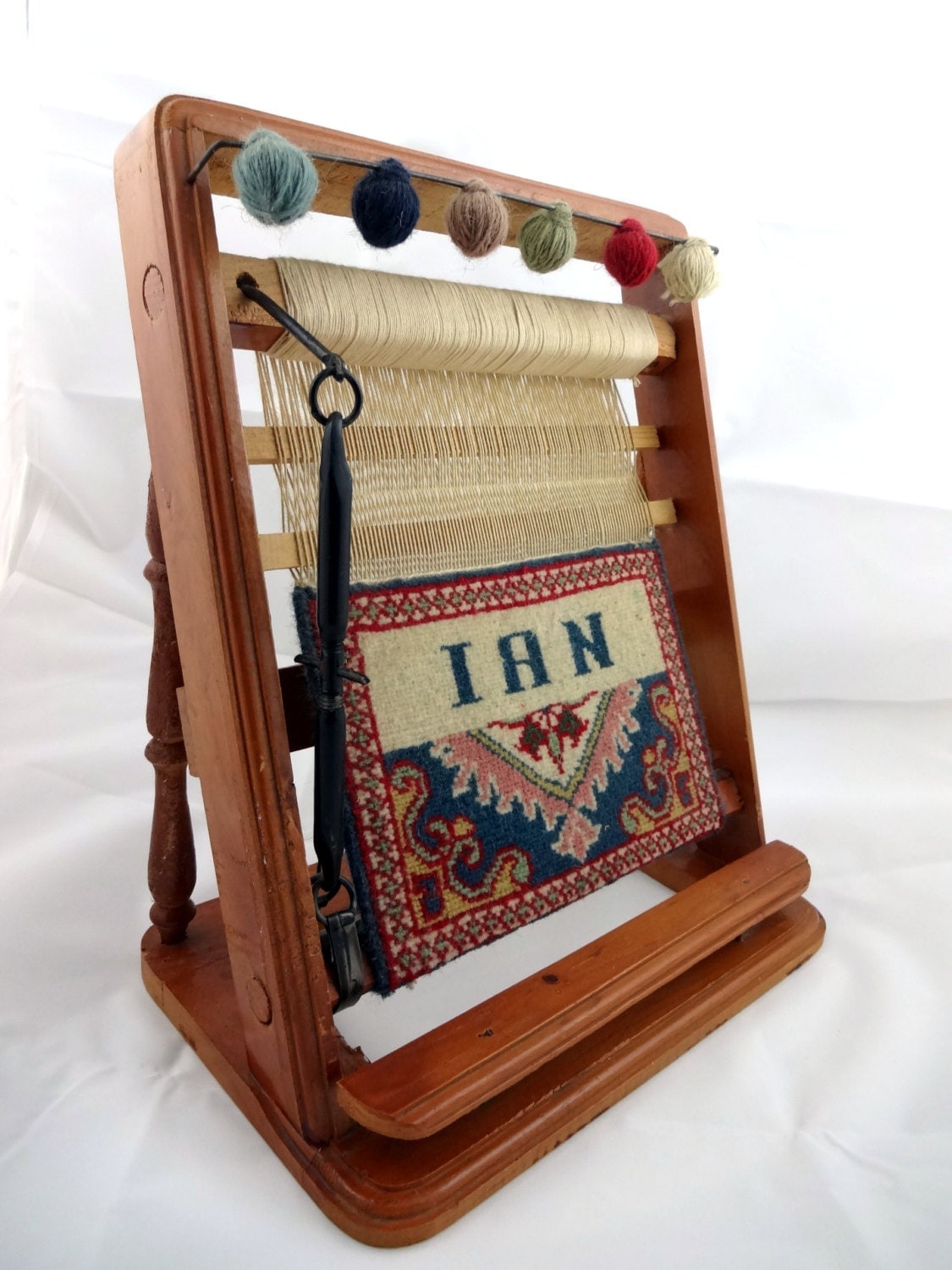 Vintage miniature table weaving loom with small hand crafted