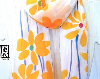 Silk Scarf Handpainted, Handmade silk scarf, Silk Scarves Takuyo, Orange Daisy May Scarf, 8x54 inches. Made to order.