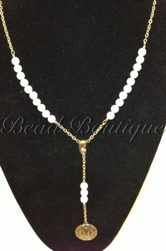 White Turquoise  Gold Chain Rosary Necklace BB050
