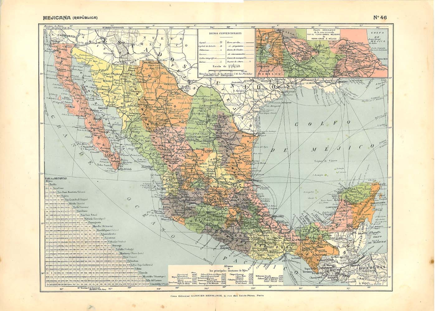 Vintage Map of Mexico 1910s 100 Years Old Lithograph