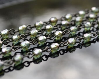 Rosary Chain - 4mm Green Beads on Black Brass Links - Czech Beaded Chain - 3 Feet