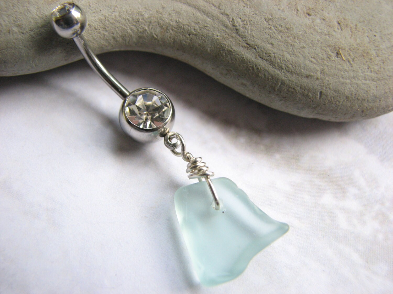 Seaglass Bellybutton Ring Blue Aqua Belly Button Jewelry