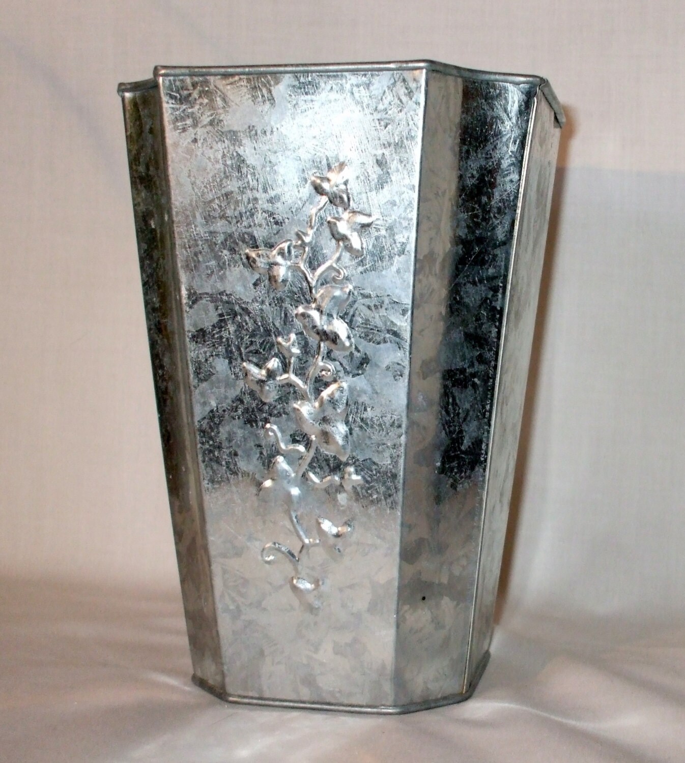 Unusual Old Galvanized Tin Vase with Embossed Ivy Design
