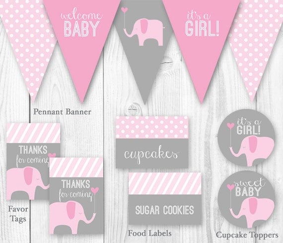 ... Pink &amp; Gray. DIY Printable Baby Shower Decorations - Elephant Baby